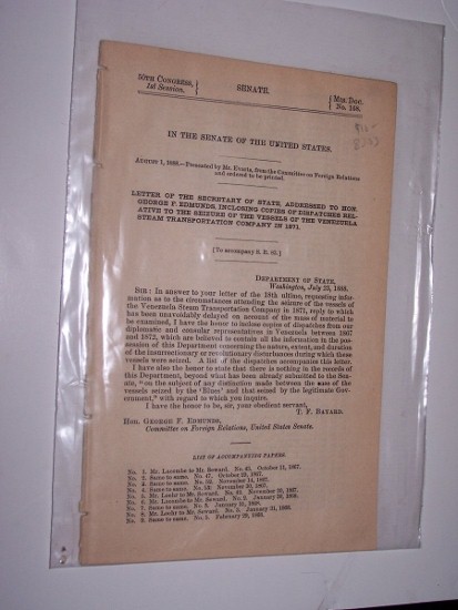 Image for In the Senate ... Letter of the Secretary of State, addressed to Hon. George P. Edmunds, inclosing copies of dispatches relative to the seizure of the vessels of the Venezuela Steam Transportation Company in 1871