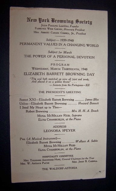 Image for Programme for 1940 Meeting of the NY Browning Society at the Waldorf Astoria Hotel