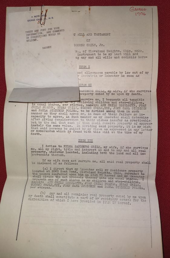 Last Will and Testament of George W. Crile, Jr. and that of his wife Helga Sandburg Crile (dated 1976)