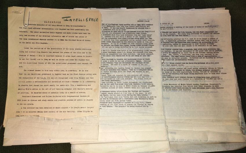 Group of U.S. INTELLIGENCE REPORTS from 1958 [c. 50 typescript or carbons; 1-3 pp. each] [ Iraq Coup d'Etat July 1958 ]